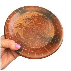 Vintage Indonesian Red Ware Etched Dragon Dish 7.5”